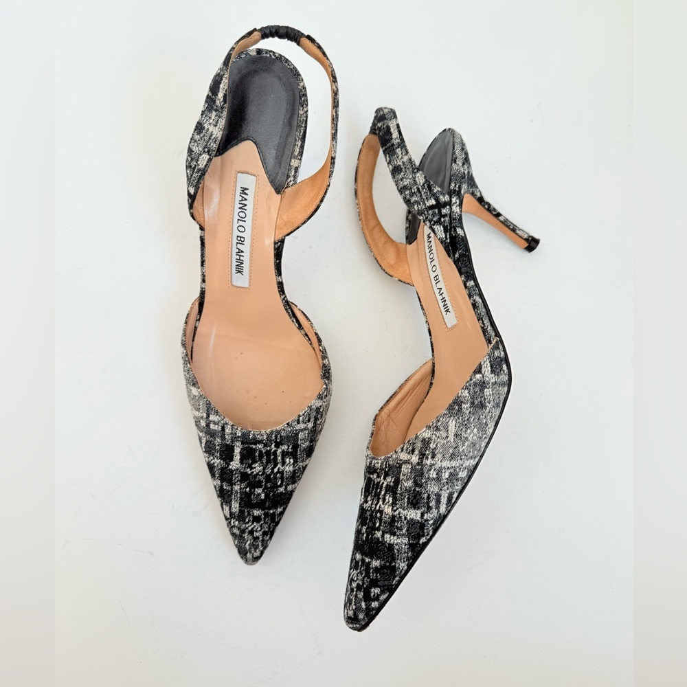 Manolo Blahnik Black beige Plaid 70mm Carolyne slingback pumps EU 39 - Picture 1 of 9